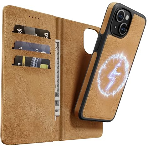 OASISBLUE Handyhülle für iPhone 14 Hülle, [2-in-1 Magnetisch Abnehmbar] Kabelloses Laden Kompatibel Stoßfest Schutzhülle PU Leder Klapphülle - braun