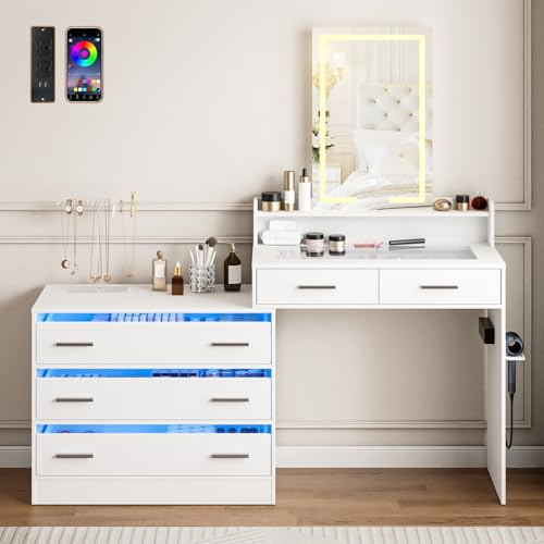 Dressing Table with LED Lights Mirror,Vanity Table with Power Outlet
