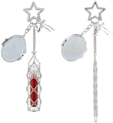 DICOSMETIC 2Pcs Lippenstift Halter Schlüsselanhänger Lipgloss Halter Schlüsselanhänger Lipgloss Tasche Anhänger Stern Herz Schlüsselring mit Spiegel Niedliche Geldbörse Tasche Anhänger für Frauen