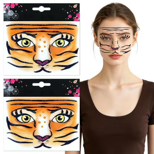 Miaija 2 Pcs Tiger Face Tattoos Animal Cartoon Stickers Waterproof Temporary Skin Decals Crystal Eyes Face Paint Makeup Removable Glitter Decoration Fake Costume Accessories Self-Adhesive Whisker for