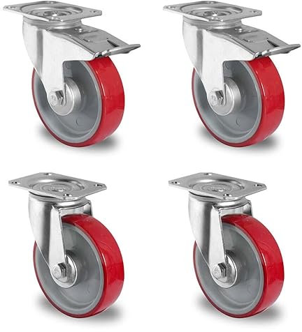 Rollensatz 2 Lenkrollen mit Feststeller + 2 Lenkrollen 80 mm Polyurethan rot