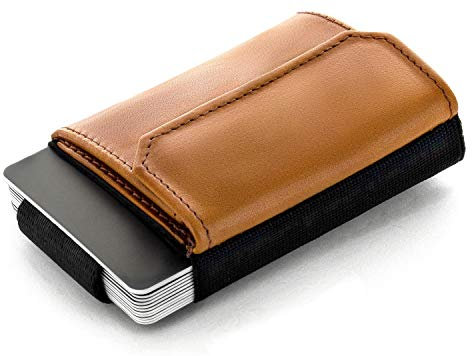 Jaimie Jacobs Minimalist Wallet Nano Boy Pocket Mini Geldbörse aus Textil mit Zugband schmaler Kartenhalter für Herren und Damen (Cognac)