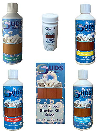 Suds Online Swimming Pool Starter Kit 500G- Includes Chlorine, pH+, pH-, Algaecide & Strips (Granules)