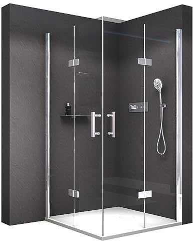 BERNSTEIN Eckdusche mit Falttüren DX213 Duschkabine Eckeinstieg 100 x 80 cm (Rechts x Links) mit 8mm ESG-Glas Duschabtrennung mit Hebe-/Senk Mechanismus Dusche Edelstahl-Türgriff
