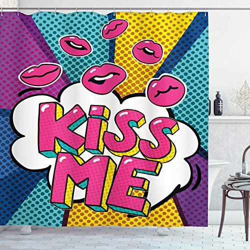 ABAKUHAUS Kuss Duschvorhang, Wort-Blasen-Pop-Art-Stil, Stoffliches Gewebe Badezimmerdekorationsset mit Haken, 175 x 200 cm, MagentaMehrfarbig