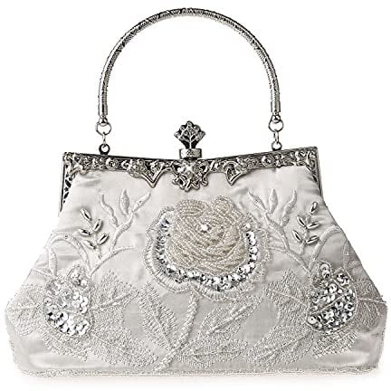 MMYOMI Vintage Floral Perlen Strass Stickerei Kupplung Pailletten Hochzeit Prom Bag Bridal Damen Crossbody Abend Handtasche (Silber)