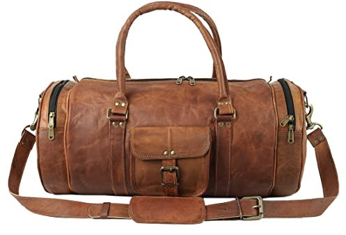 Ledertasche für Wochenendausflüge, Innentasche aus Segeltuch, für Übernachtung, Reisen, Handgepäcktasche, Umhängetasche mit verstellbarem Gepäckgurt, für Damen und Herren, hellbraun, 21, rund