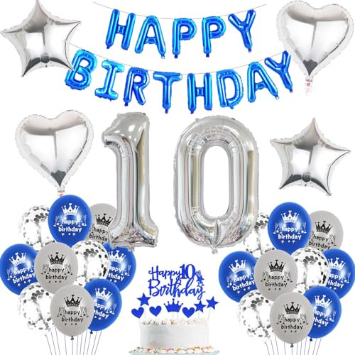 Luftballon 10.Geburtstag Junge blau silber deko Folienballon 10 jahre Geburtstags deko Junge mädchen silber happy Birthday 10th Geburtstagsdeko 10 Ballon 10 jahre Geburtstag mädchen Dekoration (10)