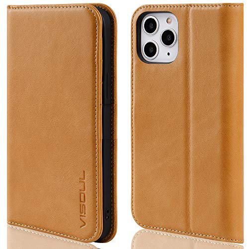 VISOUL iPhone 12 Pro Max Hülle, Handyhülle [100% Rindsleder] [RFID Schutz] [Schützt vor Stoß] [Standfunktion] [Kartenfach] [Magnet], TPU Handytasche Kompatibel für iPhone 12 Pro Max 6,7 Gelb A