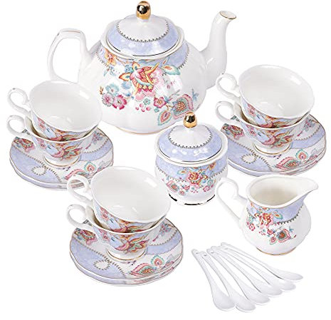 fanquare Service à Thé en Porcelaine Fleurs Violettes, Ensemble de Tasse et Soucoupe à Thé, Service de Thé 6 Personnes, Théière de Mariage Pichet à Crème dans Un Sucrier, Service à Café en Porcelaine