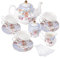 fanquare Service à Thé en Porcelaine Fleurs Violettes, Ensemble de Tasse et Soucoupe à Thé, Service de Thé 6 Personnes, Théière de Mariage Pichet à Crème dans Un Sucrier, Service à Café en Porcelaine