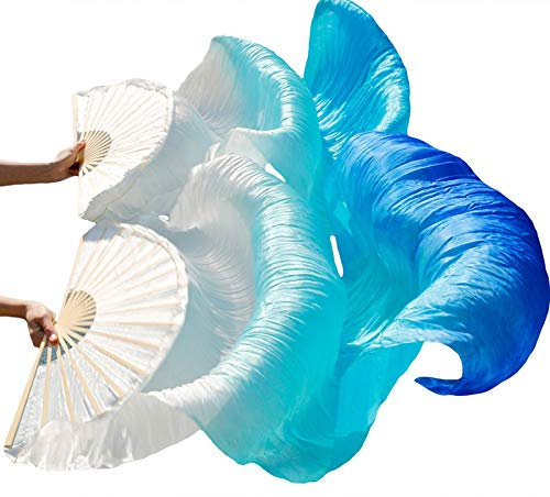 Leemiman Women 1.8 m Long Belly Dance 100% Silk Bamboo Fan Veils 1 Pair(L+R) (White turquoise blue)