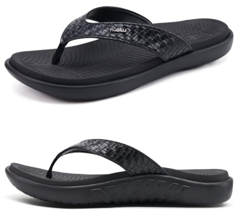 KuaiLu Noir Tongs Femmes Sandales en Cuir de Mode été Avec Support de Orthopédique Tongs de Plage et Claquettes de Piscine Taille 42EU
