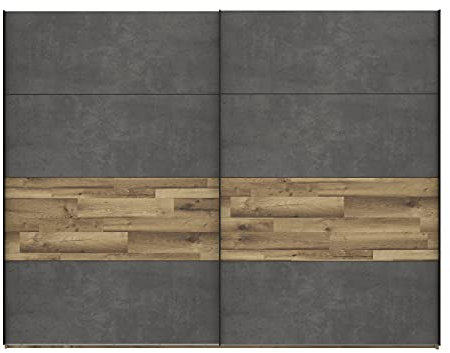 FORTE RICCIANO Schrank 270, Kleiderschrank, Schwebetürenschrank groß Schlafzimmer 2-türig Betonoptik Dunkelgrau / Holzdekor: Stabeiche, 270 cm breit x 210.5 cm hoch x 61 cm tief