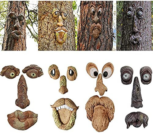 FONDUO Baumstamm Deko,4-teilig Baumgesichter für Bäume, Alter Mann Baumgesicht Baumumarmer, Garden Peeker Yard Art Baumgesicht Alter Mann, Gartendeko (4 Stück)