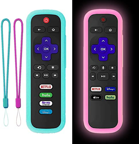 2Pack Silicone Protective Controller Sleeve for Roku TCL | Hisense Roku Remote Case Universal for Roku Express 4K+ 2021 | Roku Streaming Stick+ Remote Cover with Lanyards Glow Pink&Sky Blue(Not Glow)
