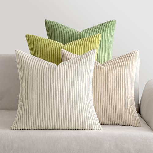 MIULEE Kordsamt Kissenbezug Weiche Kissenhülle Dekorative Sofakissen Quadratische Dekokissen Moderne Zierkissenbezug Gestreifte Kissenbezüge für Wohnzimmer Schlafzimmer 4 Stück 45x45cm Grün