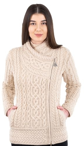 SAOL Irish Cardigan for Women Made of 100% Merino Wool Ireland Sweater Cable Knit Zip Jacket