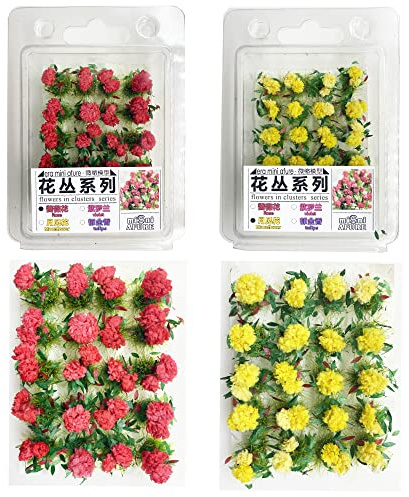 Cayway 40 PCS Fleurs Végétales Miniatures, Touffe d'herbe Statique Herbe Artificielle Modèle, Artificielles Mousse pour Le Chemin de Fer de Paysage de Train(Rouge, Jaune)