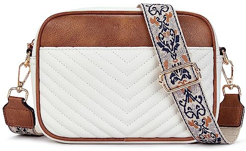 Telena Damen Handy Umhängetasche, Crossbody Bag mit verstellbarem Breiter Gurt, PU Leder Gesteppte Umhängetasche für Damen Beige Braun