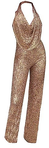 Lazzboy Hosenanzug Damen Festlich Elegant Anzug Sommer Overall Dame Ärmellose Neckholder Pailletten Hosen Frauen Strampler Hochzeit Jumpsuit Ärmellos V-Ausschnitt Party (Gold,S)