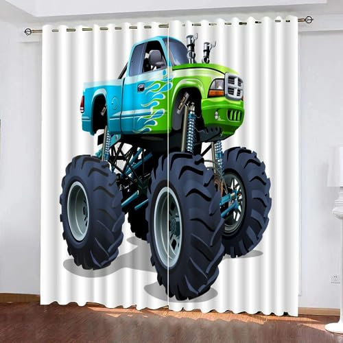 JIARAO 2 Stück Gardinen Monster Truck Vorhänge Verdunkelung Vorhang Blickdicht mit Ösen Wohnzimmer Gardinen Cooles Cartoon-Auto Kinderzimmer Schlafzimmer Gardinen Kurz 234 x 137 BxH