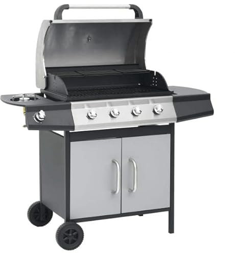 Gasgrill 4+1 Brenner Schwarz und Silbern Stahl & Edelstahl