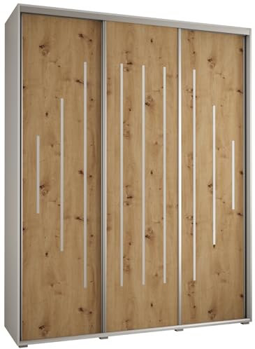 MEBLE KRYSPOL Davos 12 190 Schrank mit DREI Schiebetüren für Schlafzimmer - Moderner Aufbewahrungsschrank mit Kleiderstange und Regalen - 235,2x190x60 cm - Weiß Artisan Silber