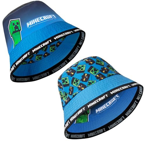 Minecraft Fischerhut Kinder Jungen Bucket Hat für Sommer, Urlaub, Strand - Gamer Geschenke für Jungs (Blau Umkehrbar)