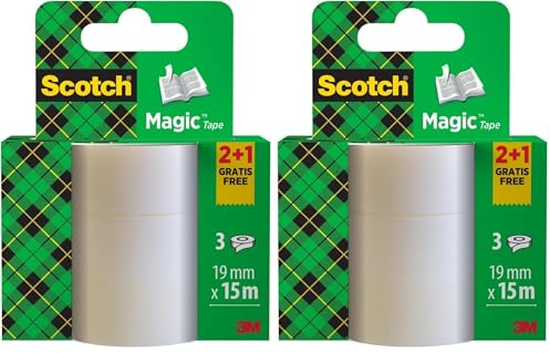 Scotch Ruban Magic - 2 Rouleaux 19 mm x 15 m + 1 GRATUIT - Ruban invisible, pour l'emballage des cadeaux de Noël, l'étiquetage des cartes et des cadeaux de Noël (Lot de 2)