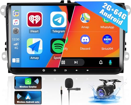 CAMECHO 2+64G Android 13 Autoradio Wireless Carplay mit Navi Für VW Passat B6 B7 Golf 5 6 Jetta T5 Polo Touran Caddy Sharan Seat 9 Zoll Auto Bluetooth Radio mit WiFi FM Android Auto Rückfahrkamera