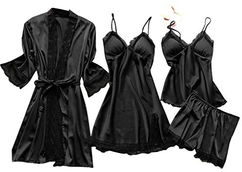 Cocila 4 Pieces Women's Pajamas Sets Faux Silk Pyjama Women's Pajamas Sleepwear Sets Spring Summer Homewear Sleepwear Nightwear Set Ladies Comfort Dresses Elegant Shorts Leggings Pjs Sets