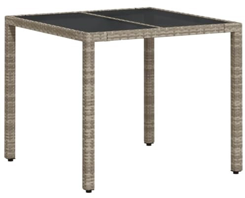 vidaXL Gartentisch, Esstisch mit Glasplatte, Terrassentisch Stahlrahmen, Gartenmöbel Tisch UV-beständig, Hellgrau 90x90x75cm Poly Rattan