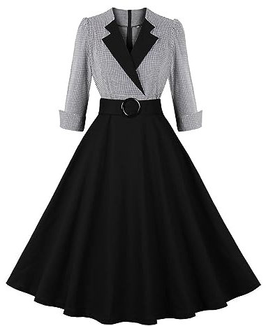 Women Vintage Dress 1950s Audrey Hepburn Dress A Line Swing Cocktail Party Dresses Plain Short Sleeve Button V Neck Retro Dresses Swing Flowy Tea Dress 50s 60s Dance Gown with Pocket Belt