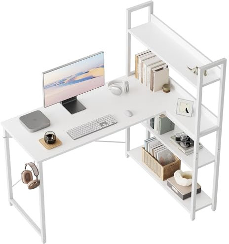 CubiCubi 120x84 cm Computer Desk with Storage Shelves, Small L Shaped Desk Home Office Coner Desk, Office Writing Desk, White White