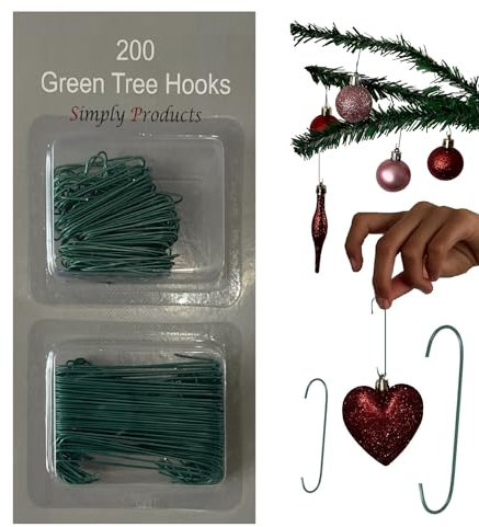 Simply Products 200pc Green Tree Hooks, Assorted Sizes, Metal Tree Hooks - Perfect for Hanging Ornaments & Baubles on Your Christmas Tree