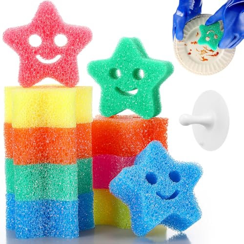 Teenyyou 10 Pcs Smile Face Scrub Sponge Bulk Happy Face Cleaning Temperature Controlled Kitchen Sponge with Holder for Dishes Household Kitchen Cleaning Supplies(Star Shape)