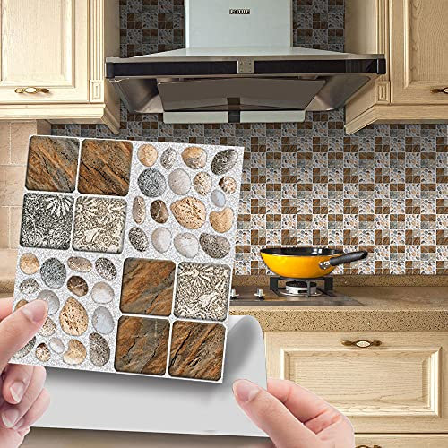 Tile Stickers Brown Pebbles 10Pcs Mandala Style Decorative Tile Stickers, New PVC Wall Stickers Home Decor, for Kitchen Bathroom Living Room Fireplace Stairs Waterproof Stickers