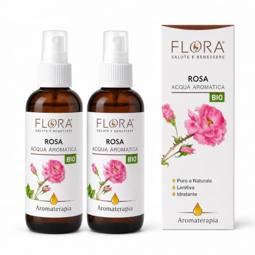 FLORA Acqua Aromatica di Rose BIO‑COSMOS pack da 2 Pz da 100 ml Idrolato di Rosa Damascena 100 % Puro, Tonico Viso Lenitivo & Idratante, Rinfrescante Corpo • Capelli, Aroma Relax per Cosmesi e DIY