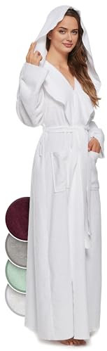jazzylab Peignoir de Bain Femme Robe de Chambre esthétique à Capuche Extra Long Tissu en éponge 100% Coton, Blanc, M