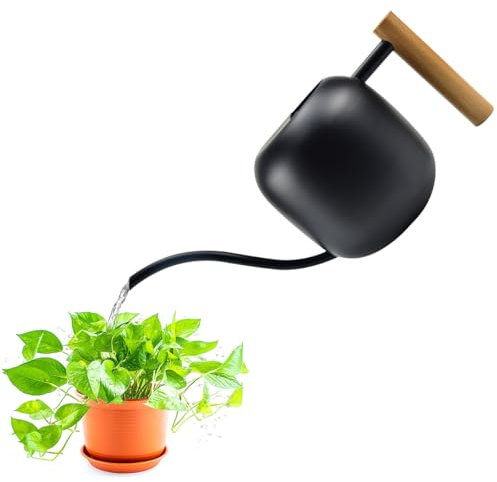 LPAMABA Annaffiatoio in Acciaio Inossidabile Nero con Becco Lungo, 1200 ml, per Piante da Interno ed Esterno, Design Moderno con Manico in Legno
