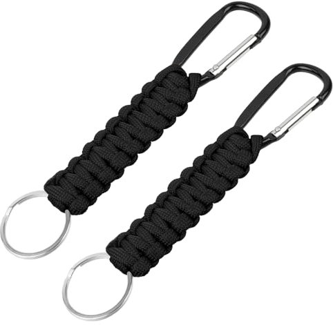 OFFCUP 2pcs Paracord Llaveros con Mosquetón, Clip de Gancho de Anillo de Cordón, Corto Cordón para Cuello Llaves Trenzado para Mochilas Camping Senderismo (Negro+ Negro)