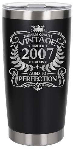 Always Looking Good 18th Birthday Gift Vintage 2007 Aged to Perfection Engraved Insulated Travel Mug Present for 18 Year Old Black Thermal Coffee Flask Travel Mugs with Lids