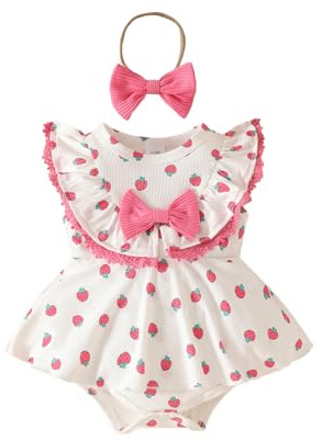 UUAISSO Vestiti Estivi per Bambine Tutina in Pizzo con Stampa di Fragole Senza Maniche Body set di Fasce Capelli Abiti Neonati Fragola Rosa 6-12 mesi