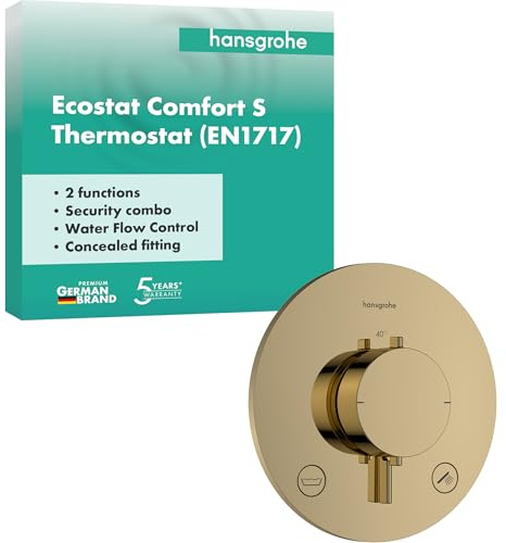 hansgrohe Ecostat Comfort S - Duschthermostat Unterputz mit Sicherungskombination, Duscharmatur mit Sicherheitssperre (SafetyStop) bei 40°C, Thermostat für 2 Verbraucher, Polished Gold Optic, 33718990