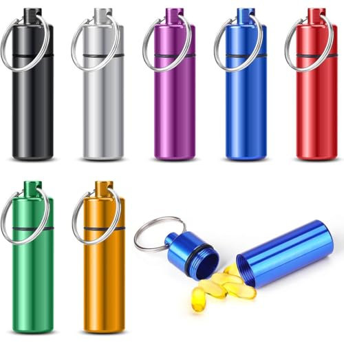 COYUN 7 Pack Pillendose Schlüsselanhänger, Mini Wasserdichte Aluminium Pillenbox, Tragbare Kapsel Pillendose Aluminium Luftdichte Klein Pillenbox für Reise Camping Angeln Speicherung