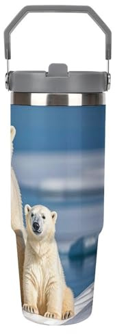 2 Polar Bears 30 Oz Tumbler with Straw, Insulated Stainless Steel Travel Mug with Handle Design Double-Wall Vacuum Coffee Cup, Leak-Proof Lid, Keeps Drinks Hot/Cold for Hours