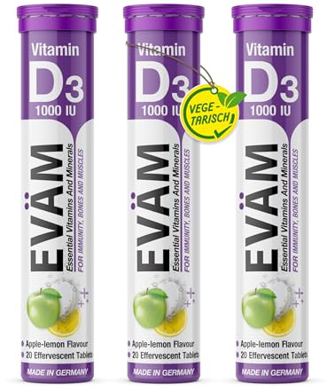 EVÄM Vitamin D3 Brausetabletten 82g I Geschmack Apfel-Zitrone I 3x20 Stück I Nahrungsergänzungsmittel mit wichtigen Vitaminen für den täglichen Vitaminbedarf I Vegetarisch I Made in Germany