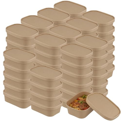 KOHAND 50 PCS 650ml Kraft Food Containers with Paper Lids, Rectangular Takeaway Box Kraft Salad Box for Restaurant Takeaway, Street Food, Party, Lunch Meal, Brown