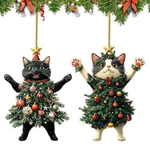 de Gato para Árbol de Navidad - Figuras Navideñas De Gato para El Árbol,2 Piezas de Decoraciones Navideñas de Acrílico 2D para Charm de Bolso | para Porche Navideño Exterior Interior Jardín